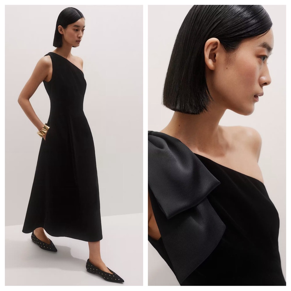 ME + EM Italian Velvet Halterneck Black One Shoulder Maxi Dress